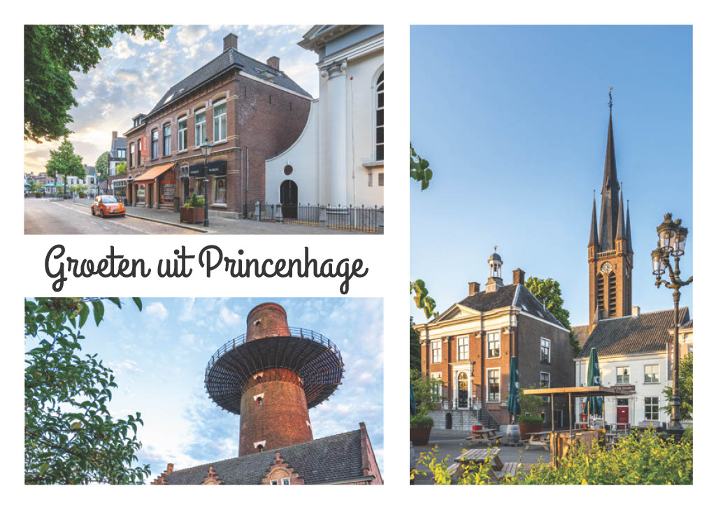 Ansichtkaart met raadhuis, kerk en molen van Princenhage