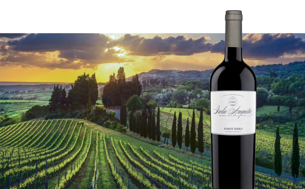 Een fles Pinot Nero voor een wijngaard met zonsondergang