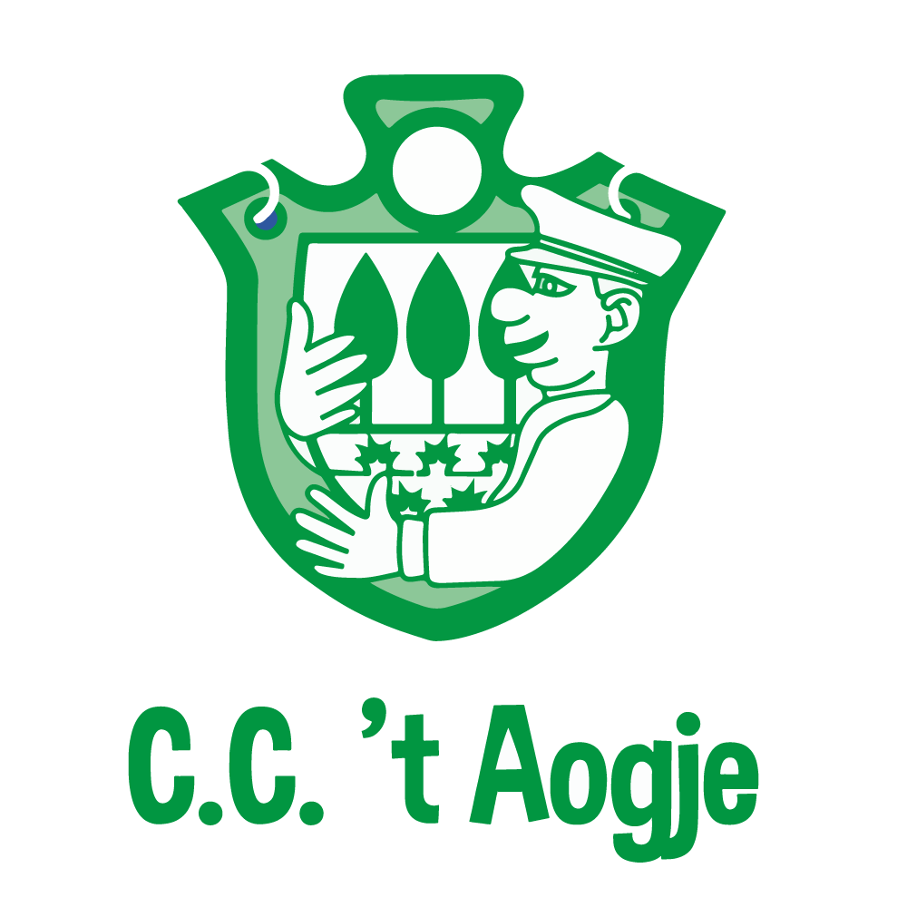 logo van C.C. 't Aogje: een man houdt een wapen vast met daarop 3 lindenbomen