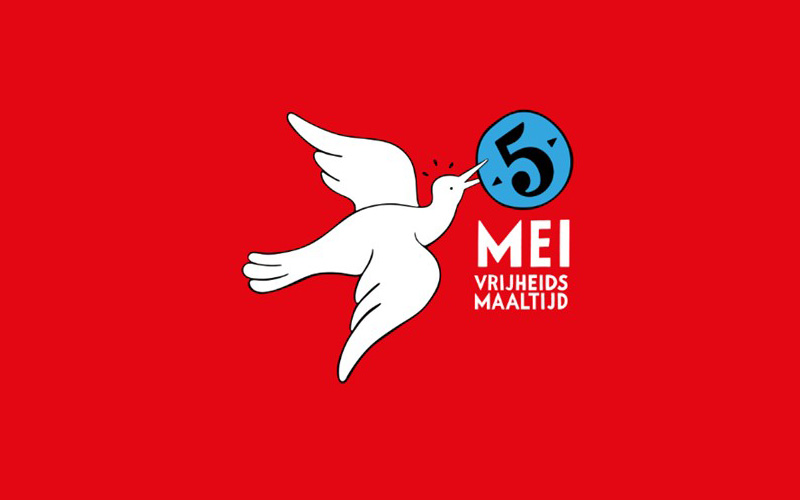 witte duif met tekst "5 mei Vrijheidsmaaltijd"