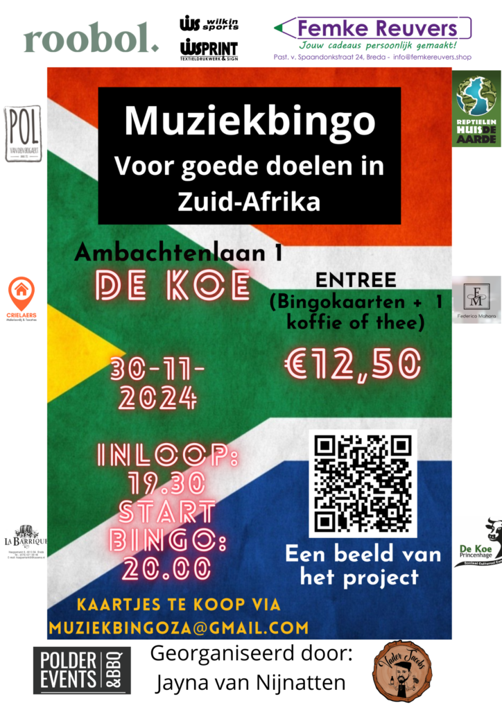 poster met tekst: muziekbingo voor goede doelen in Zuid Afrika