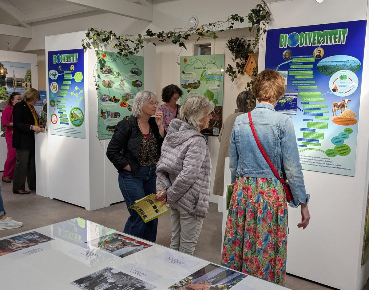 Bezoekers bekijken de tentoonstelling Bijen(houden) en biodiversiteit in het Princenhaags museum