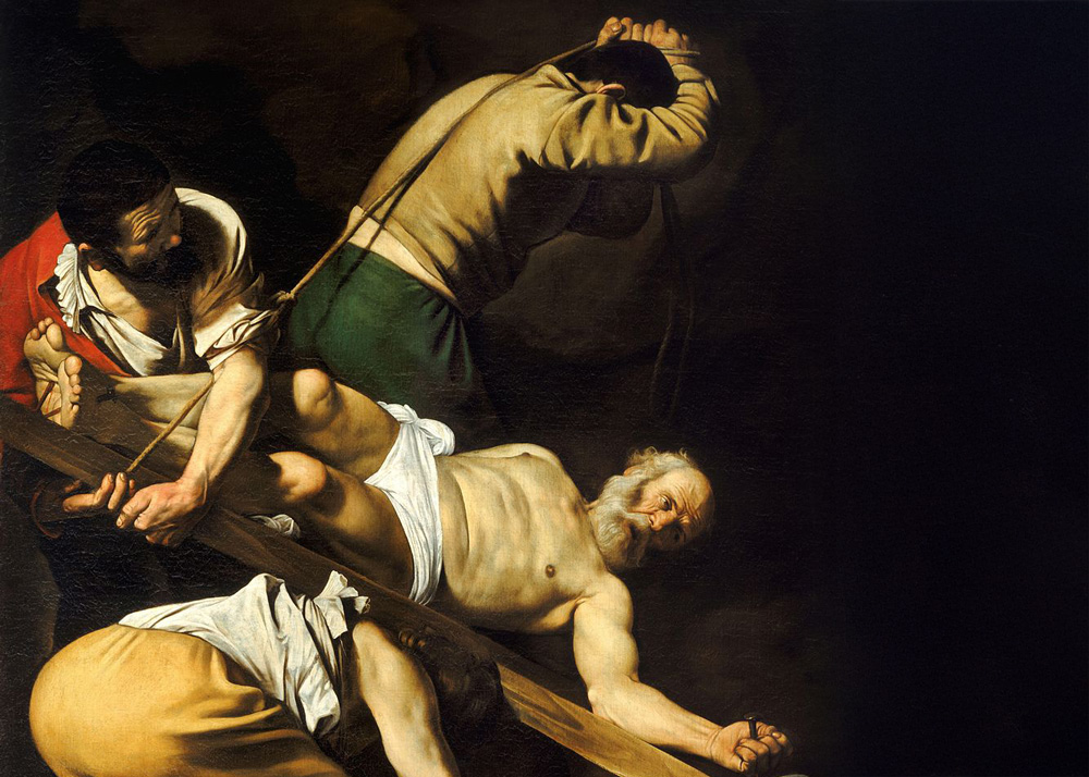 Schilderij van Caravaggio met een man die op een kruis wordy geplaatst
