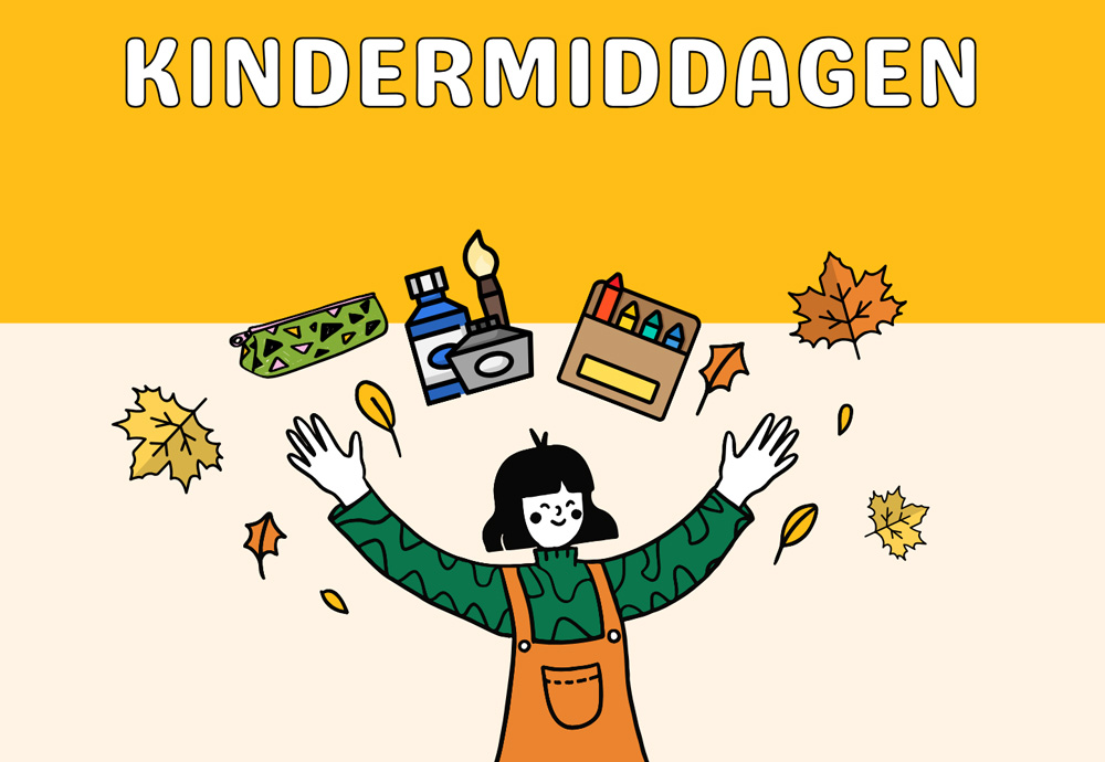 Tekst: kindermiddagen. Beeld: een kind met allerlei knutselvoorwerpen