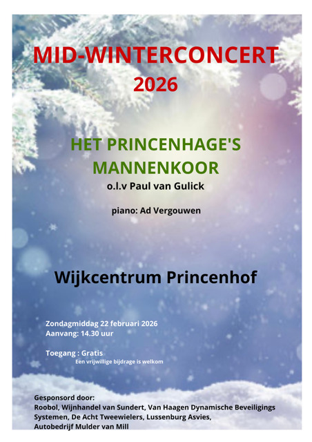 Poster met informatie midwinterconcert van Het Princenhages Mannenkoor op zondagmiddag 22 februari 2026 in de Princenhof
