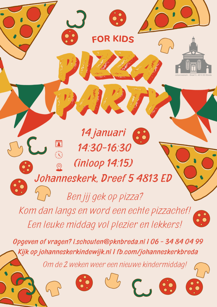 Poster pizzaparty in de Johanneskerk