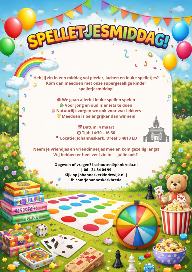 Poster Spelletjesmiddag met de tekst: "Kom naar onze gezellige-Spelletjesmiddag. Heb jij zin in een middag vol plezier-lachen en leuke spelletjes. Kom dan meedoen met onze supergezellige kinderspelletjesmiddag"