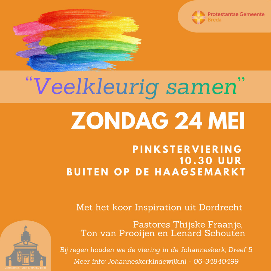 De tekst "Veelkleurig samen - 24 mei" op een oranje achtergrond