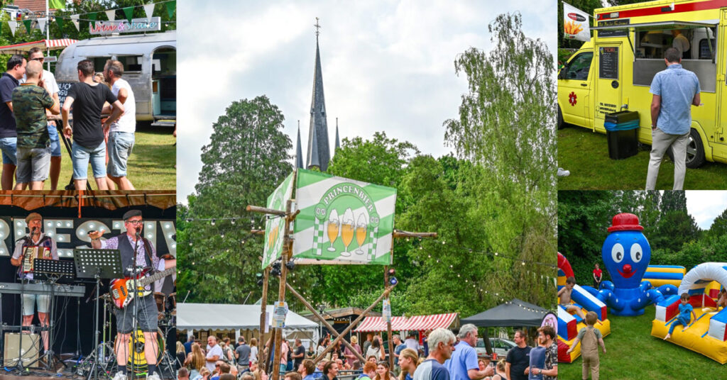 collage van diverse foto's waarop te zien is dat het gezellig druk is op de dorpswei en dat er activiteiten zijn voor kinderen