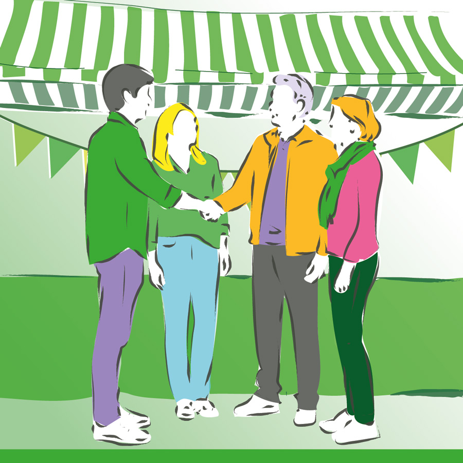 vier personen bij een marktkraam