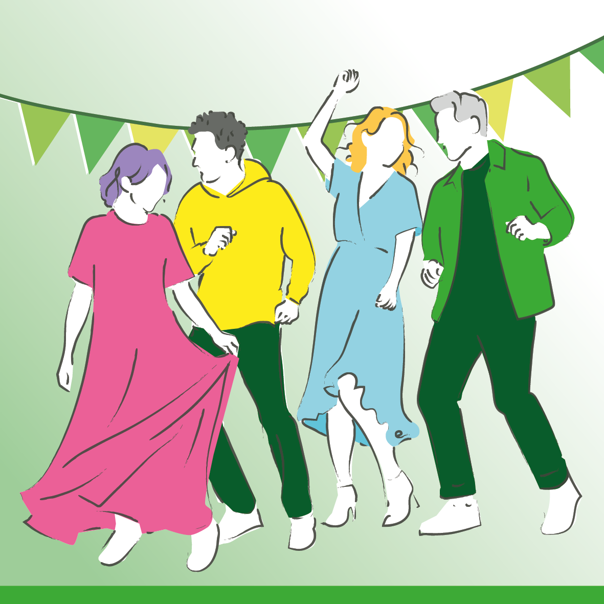 Illustratie van 4 personen die dansen tijdens een muziekfeest