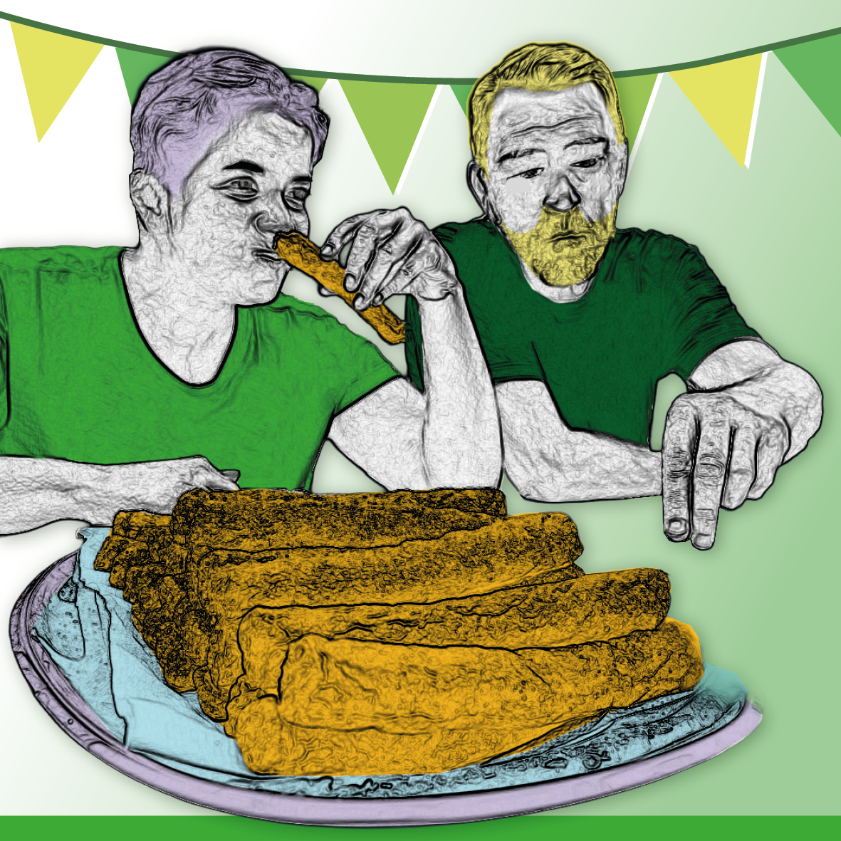twee personen met een schaal met frikandellen