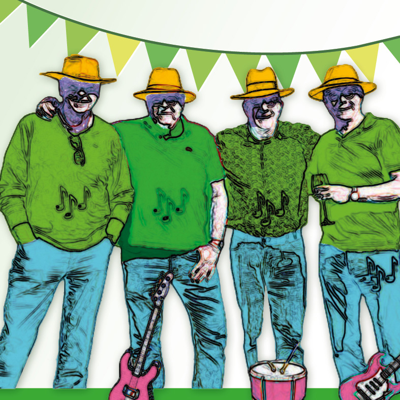 vier mannen met muziekinstrumenten