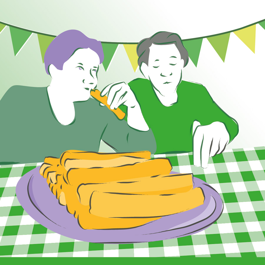 Illustratie van 2 personen die frikandellen eten