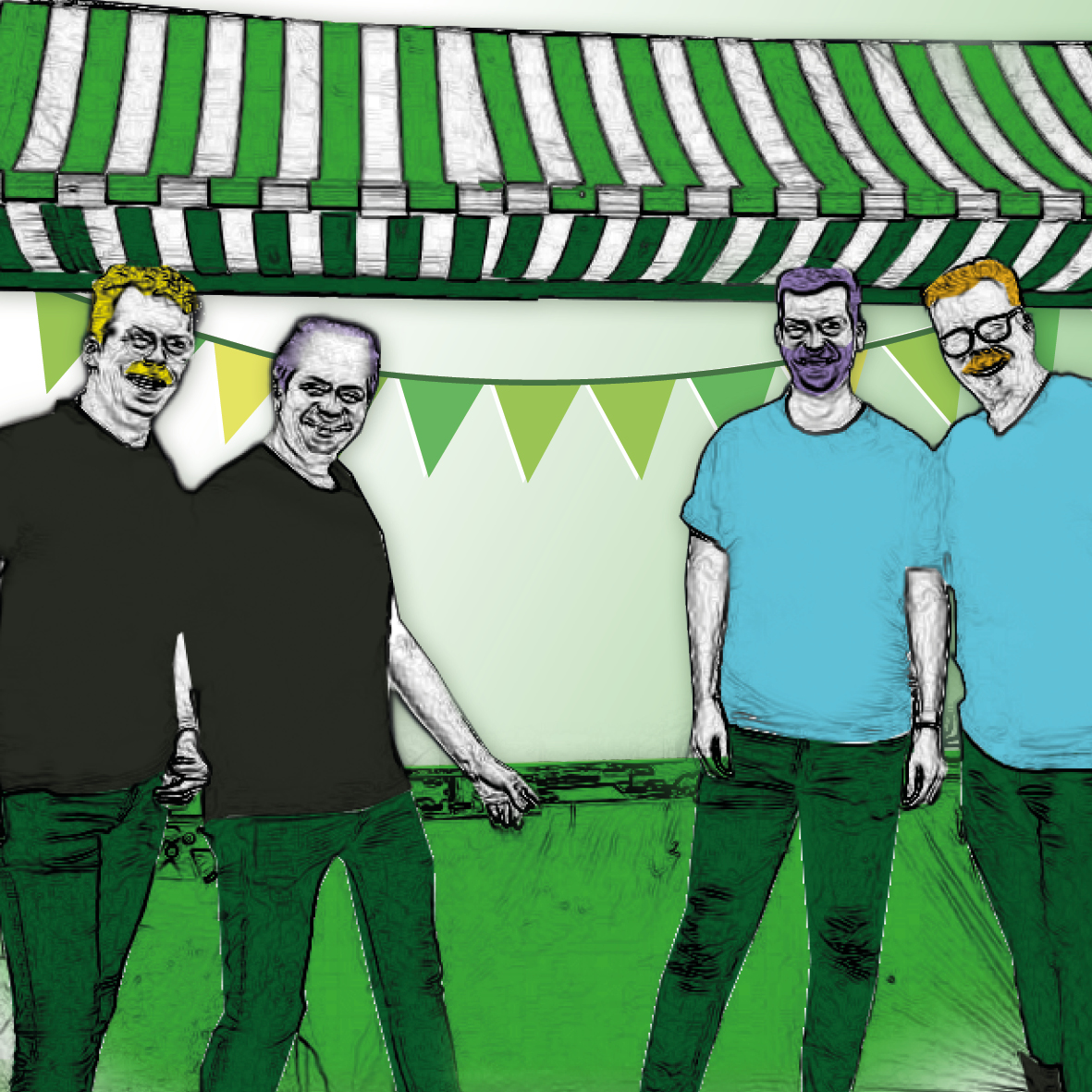 vier mannen bij een marktkraam