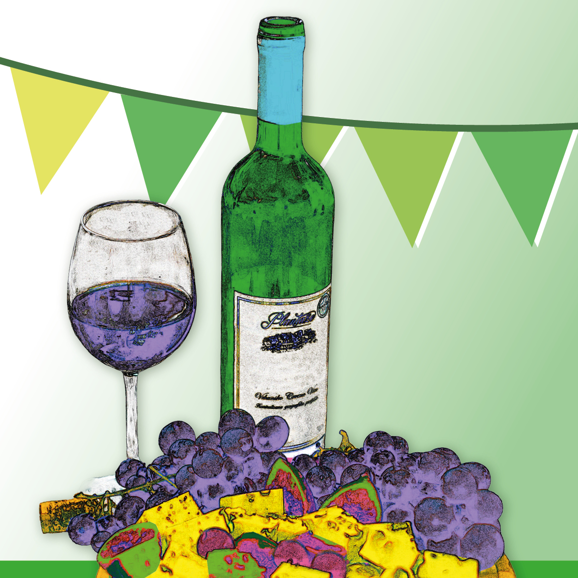 wijngles en fles met een bord vol hapjes en druiven
