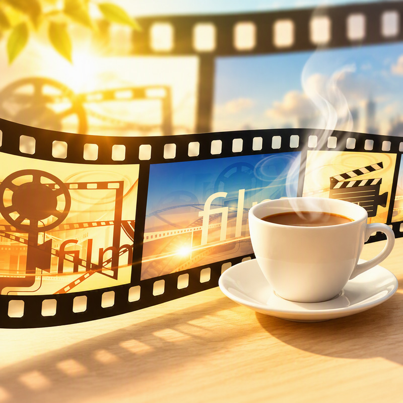 kop koffie staat voor een grafisch weergave van een filmrol met daarop Filmclub