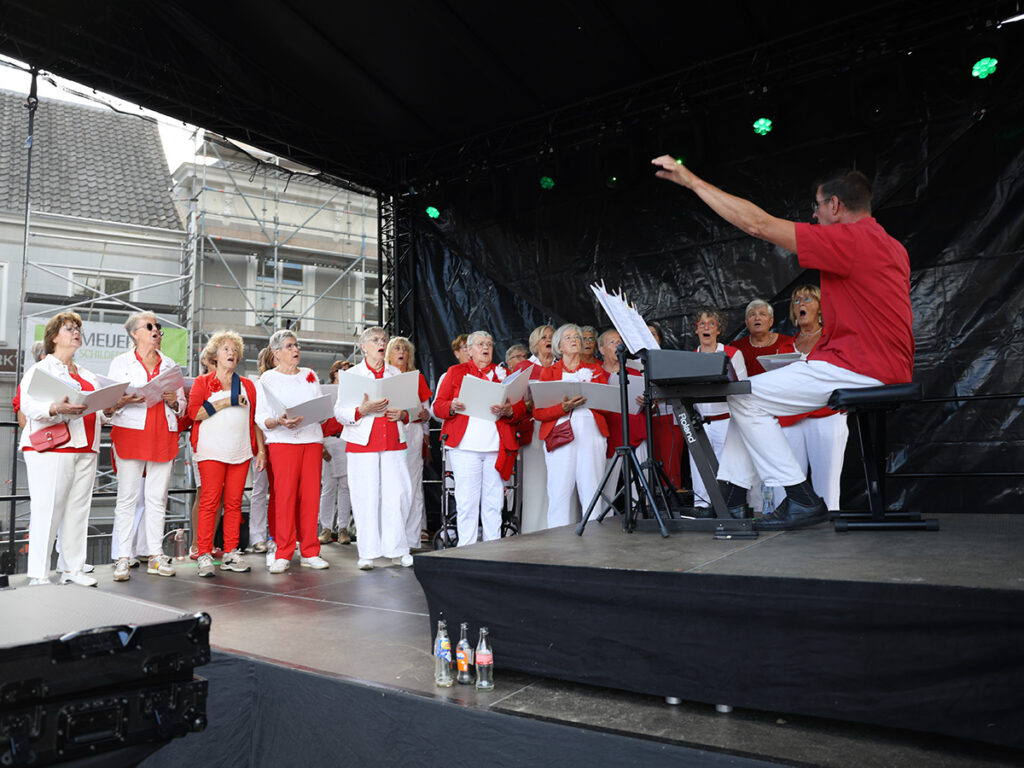 Het podium met de toestenist en dames van het Groot Evenementen Koor