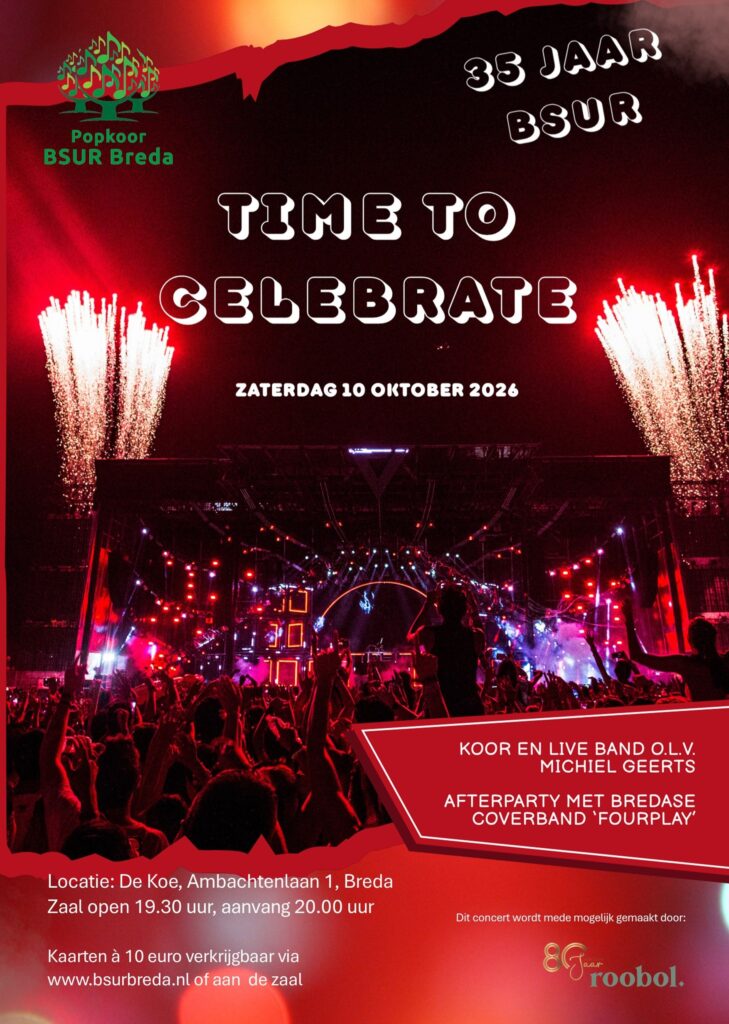 Jubileumconcert Popkoor BSUR Breda op zaterdagvond 10 oktober 2026